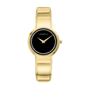 Ladies   MICHEL HERBELIN : Black Dial Gold Plated Case Quartz Movement Water Resistant Without Screw in Crown With Gold Plated Strap