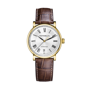 Mens  MICHEL HERBELIN : Silver Dial GOLD PLATED CASE Automatic movement Water Resistant Without Screw in Crown With Leather Strap