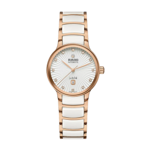 Ladies   RADO : White With Diamond Dial ROSE GOLD PLATED CASE Automatic movement 50m Water Resistant Without Screw in Crown With Two Tone Ceramic Strap