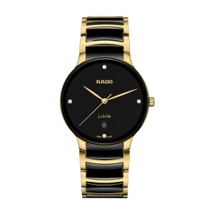 Mens  RADO : Black With Diamond Dial Rose Gold Plated Case Quartz Movement 50m Water Resistant Without Screw in Crown With Two Tone Ceramic Strap