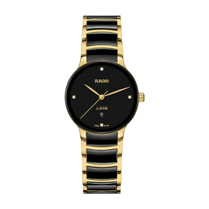 Ladies   RADO : Black Dial GOLD PLATED CASE Quartz Movement 50m Water Resistant Without Screw in Crown With Two Tone Ceramic Strap