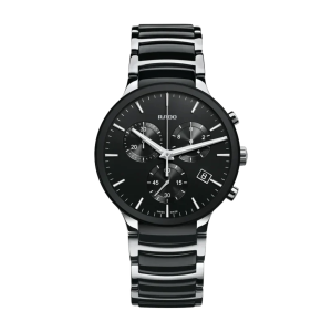 Mens  RADO : Black Dial Stainless Steel Case Chronograph Movement 100m Water Resistant Without Screw in Crown With Two Tone Ceramic Strap