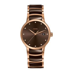 Mens  RADO : Brown Dial ROSE GOLD PLATED CASE Quartz Movement 30m Water Resistant Without Screw in Crown With Two Tone Ceramic Strap