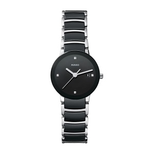 Ladies   RADO : Black With Diamond Dial Stainless Steel Case Quartz Movement 30m Water Resistant Without Screw in Crown With Two Tone Ceramic Strap