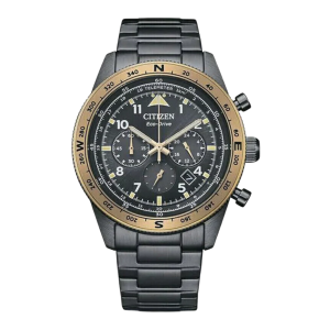 Citizen Eco Drive Chrono Gents Black Dial PVD Coated Steel Solar Watch CA455689E