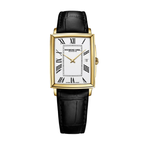 Mens  RAYMOND WEIL : White Dial Gold Plated Case Quartz Movement 50m Water Resistant Without Screw in Crown With Leather Strap