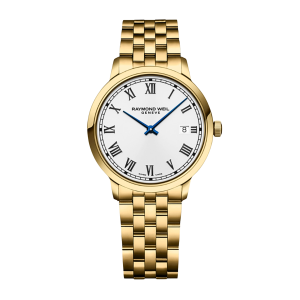 Mens  RAYMOND WEIL : White Dial GOLD PLATED CASE Quartz Movement 50m Water Resistant Without Screw in Crown With Gold Plated Strap