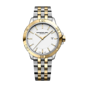 Mens  RAYMOND WEIL : White Dial STAINLESS STEEL CASE Quartz Movement 300m Water Resistant With Screw in Crown With Two Tone Strap