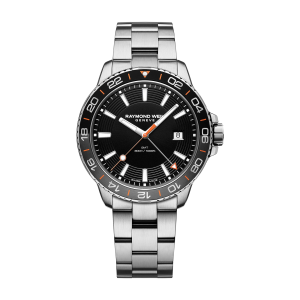 Mens  RAYMOND WEIL : Black Dial Stainless Steel Case Quartz Movement 300m Water Resistant With Screw in Crown With Gold Plated Strap