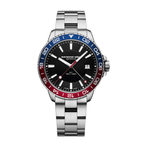 Mens  RAYMOND WEIL : Black Dial Stainless Steel Case Quartz Movement 300m Water Resistant With Screw in Crown With Gold Plated Strap