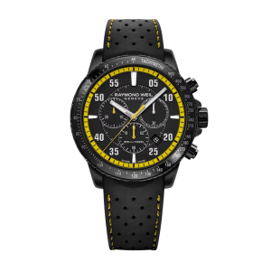 Mens  RAYMOND WEIL : Black Dial IP Black Case Chronograph Movement 300m Water Resistant With Screw in Crown With Rubber Strap