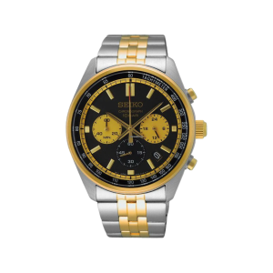 Mens  SEIKO : Black Dial Stainless Steel Case Chronograph Movement 100m Water Resistant Without Screw in Crown With Two Tone Strap