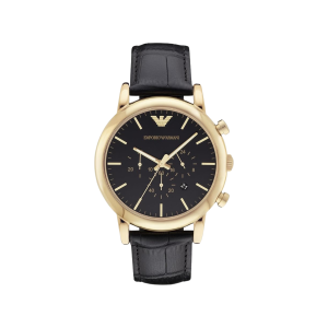 Armani Black Dial Gold Plated Case Chronograph Movement 50M Water Resistant Without Screw In Crown With Leather Strap