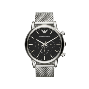 Armani Black Dial S/S Case With Mesh Strap Chronograph Movement 50M Water Resistant Without Screw In Crown