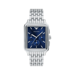 Armani Blue Dial Stainless Steel Case Chronograph Movement 100M Water Resistant Without Screw In Crown With Stainless Steel Strap