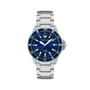 Armani Blue Dial Stainless Steel Case Solar Movement 100M Water Resistant Without Screw In Crown With Stainless Steel Strap