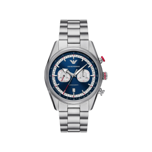 Armani Blue Dial Stainless Steel Case Chronograph Movement 50M Water Resistant Without Screw In Crown With Stainless Steel Strap