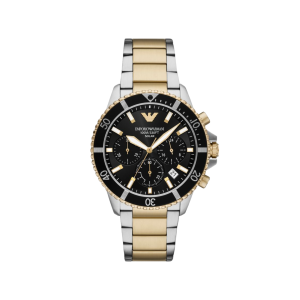 Armani Black Dial Two Tone Case Solar Movement 100M Water Resistant Without Screw In Crown With Two Tone Strap