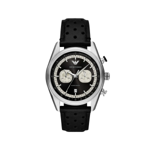Armani Black Dial Stainless Steel Case Quartz Movement 50M Water Resistant With Screw In Crown With Leather Strap