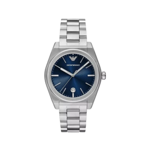 Armani Blue Dial Stainless Steel Case Quartz Movement 100M Water Resistant Without Screw In Crown With Stainless Steel Strap