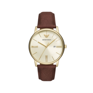 Armani Champagne Dial Gold Plated Case Quartz Movement 50M Water Resistant Without Screw In Crown With Leather Strap