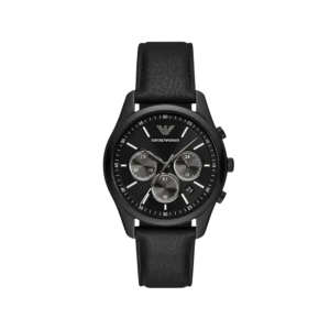 Armani Black Dial Ip Black Case Chronograph Movement 50M Water Resistant Without Screw In Crown With Leather Strap