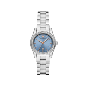 Armani Blue Dial Stainless Steel Case Quartz Movement 50M Water Resistant Without Screw In Crown With Stainless Steel Strap
