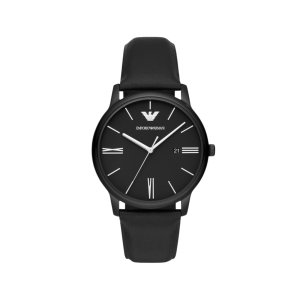 Armani Black Dial Ip Black Case Quartz Movement 50M Water Resistant Without Screw In Crown With Leather Strap