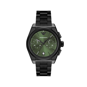 Armani Green Dial Ip Black Case Chronograph Movement 100M Water Resistant Without Screw In Crown With PVD Coating / Ion Plating Strap