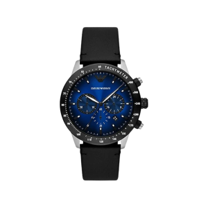 Armani Blue Dial Stainless Steel Case Chronograph Movement 100M Water Resistant Without Screw In Crown With Leather Strap