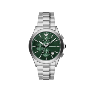 Armani Green Dial Stainless Steel Case Chronograph Movement 50M Water Resistant Without Screw In Crown With Stainless Steel Strap