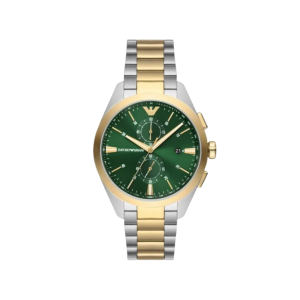 Armani Green Dial Two Tone Case Chronograph Movement 100M Water Resistant Without Screw In Crown With Two Tone Strap