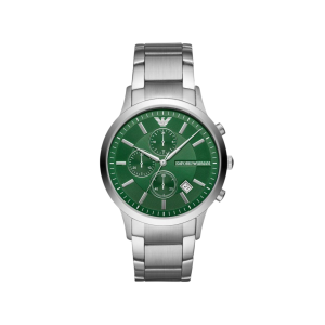 Armani Green Dial Stainless Steel Case Chronograph Movement 50M Water Resistant Without Screw In Crown With Stainless Steel Strap