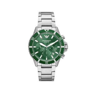 Armani Green Dial Stainless Steel Case Chronograph Movement 100M Water Resistant Without Screw In Crown With Stainless Steel Strap