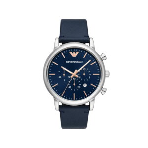 Armani Blue Dial Stainless Steel Case Chronograph Movement 50M Water Resistant Without Screw In Crown With Leather Strap