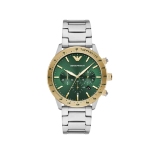 Armani Green Dial Stainless Steel Case Chronograph Movement 30M Water Resistant Without Screw In Crown With Stainless Steel Strap