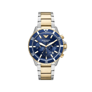 Armani Blue Dial Stainless Steel Case Chronograph Movement 100M Water Resistant Without Screw In Crown With Two Tone Strap