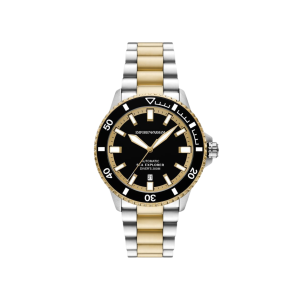 Armani Black Dial Stainless Steel Case Automatic Movement 200M Water Resistant With Screw In Crown With Two Tone Strap