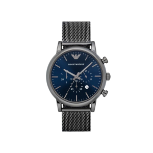Armani Blue Dial Ip Black Case Quartz Movement 50M Water Resistant Without Screw In Crown With Mesh Strap