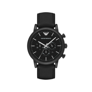 Armani Black Dial PVD Case Chronograph Movement 50M Water Resistant Without Screw In Crown With Leather Strap